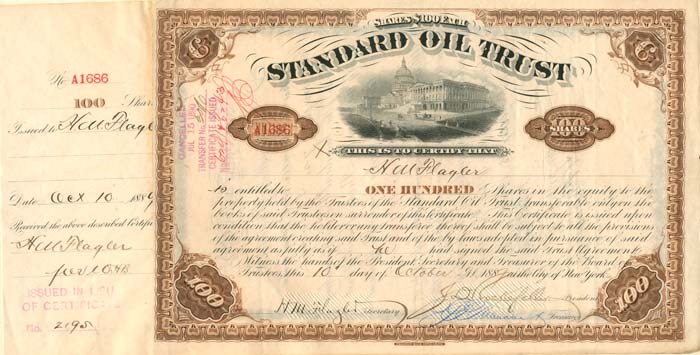 Standard Oil Trust issued to Henry M. Flagler - Signed Twice - 1889 Autograph Stock Certificate